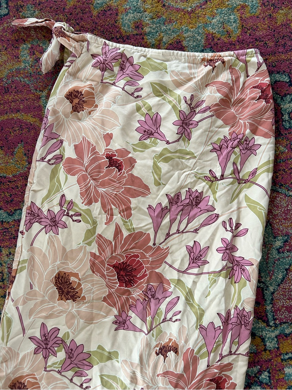 Tommy Bahama | Women’s Peach/Multicolor Floral 100% Silk Faux Wrap Maxi Skirt S - Picture 8 of 11